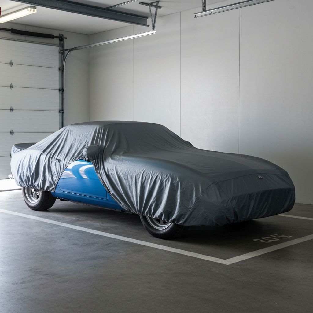 Pink car being covered with a tarp for parking storage